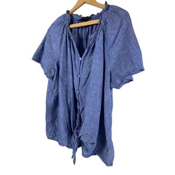 Lane Bryant Top 14 XL Button Up Chambray Tie Front Blue Pin Up Preppy Linen Blnd - Picture 5 of 9